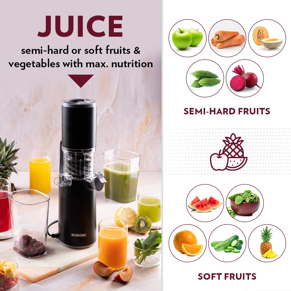 Borosil Easy 130W Cold Press Slow Juicer, Compact & Portable, Black