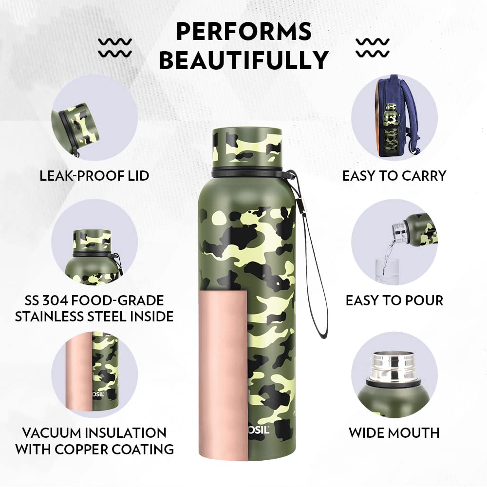 Borosil 700 ml Trek Stainless Steel Water Bottle, 20 Hrs Hot & 24 Hrs Cold