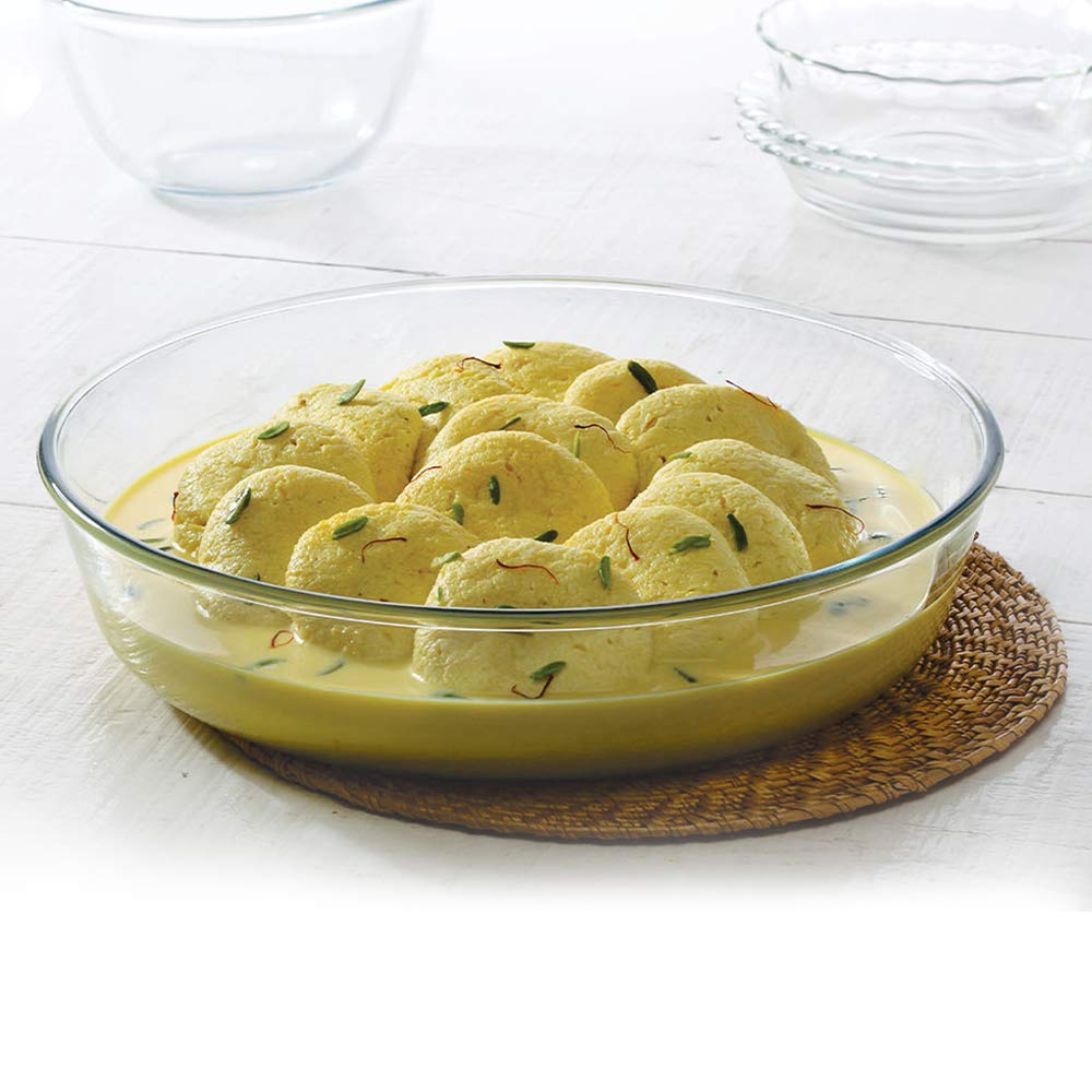 Borosil Baking & Serving Round Shape Fluted Dish | Borosilicate Glass Bakeware and Serveware Tray | Microwave, Oven & Dishwasher Safe Bowl | Transparent (2 L)