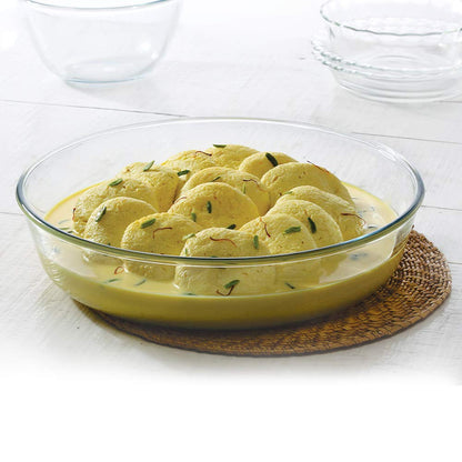 Borosil Baking & Serving Round Shape Fluted Dish | Borosilicate Glass Bakeware and Serveware Tray | Microwave, Oven & Dishwasher Safe Bowl | Transparent (2 L)