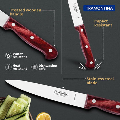 TRAMONTINA Polywood 15.2cm / 6" Utility Knife | Stainless Steel Blade | Multi-Purpose Kitchen Knife | Straight/Plain Edge | Treated Wooden Handle | Impact & Heat Resistant | 5 Yr Warranty