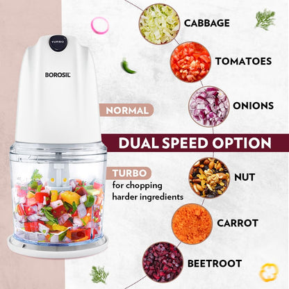 Borosil Chef Delite 260 Watts Electric Chopper for Kitchen, Twin Blade Technology, 500 ml 'chop-n-store' plastic bowl with lid, Vegetable Chopper, Cutter, Chop, Mince, Dice, Whisk, Blend, Transparent