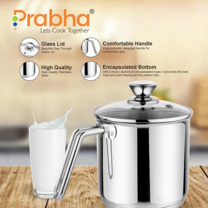 Prabha Xenon IB Milk Pot with Lid Stainless Steel | 17cm | 2.5L | Stove & Induction Cookware | Heat Surround Cooking | Hammered Milk Pot | Sauce Pan, Tea Pan, Egg Boiler, Water Boiler with Handle