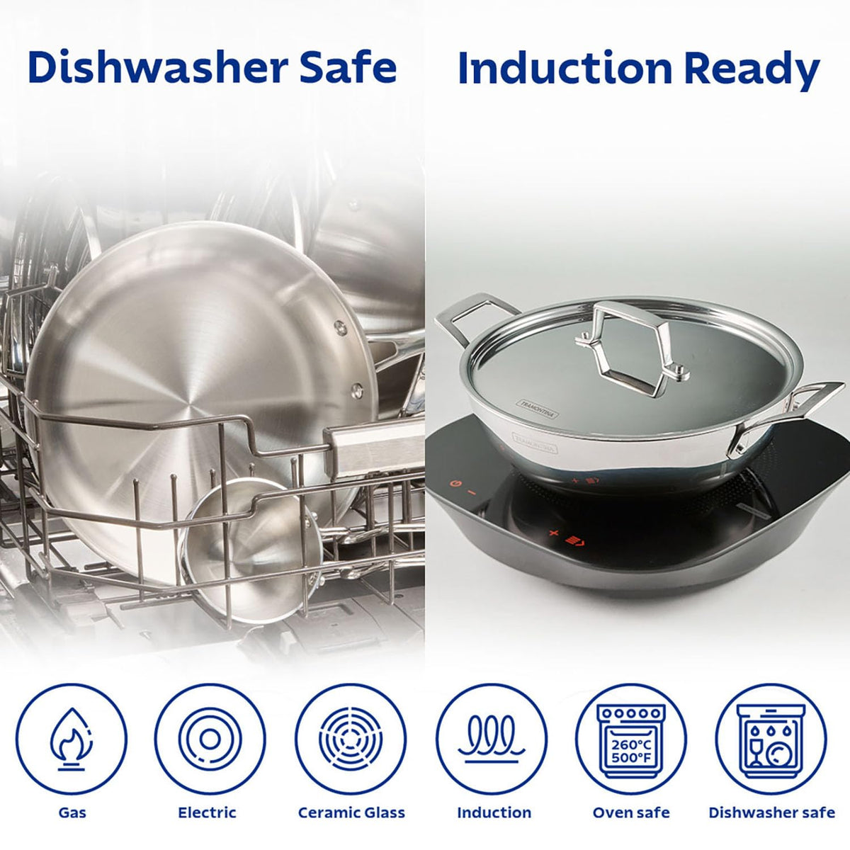 TRAMONTINA Aeion Triply 20cm / 1.7L Stainless Steel Kadai with Lid | Kadhai for Curry | Stainless Steel Cookware Triply Kadhai | Induction Friendly | Stay Cool Handle | NSF Certified | 10 Yr Warranty
