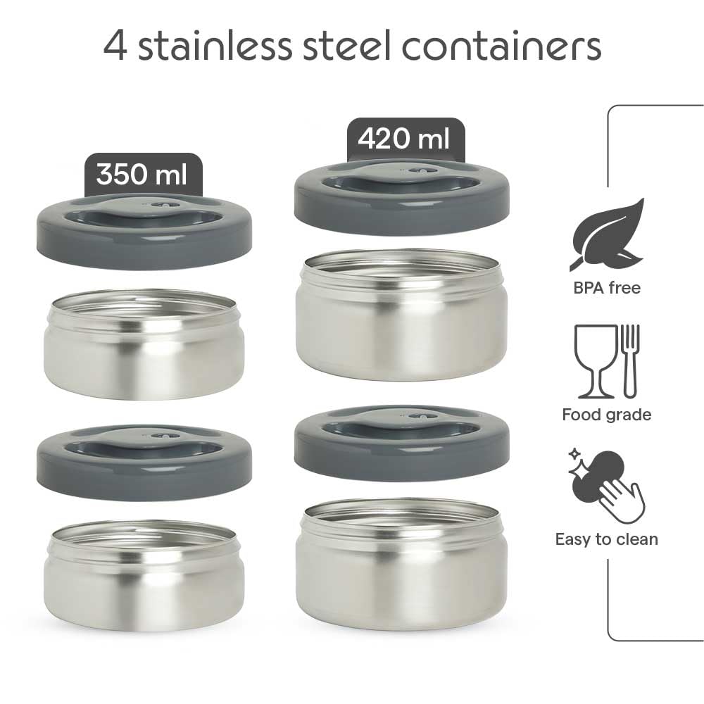 Borosil - Hot-N-Fresh Stainless Steel Insulated Lunch Box, Set of 3 (1pcs 350 ml + 2pcs 420 ml), Grey