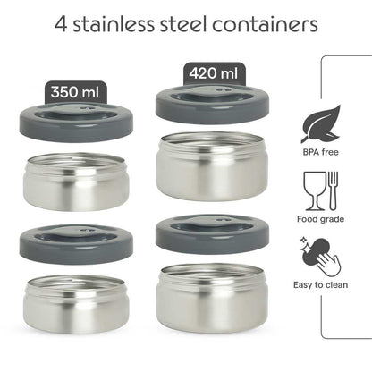 Borosil - Hot-N-Fresh Stainless Steel Insulated Lunch Box, Set of 3 (1pcs 350 ml + 2pcs 420 ml), Grey
