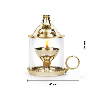 Borosil Small Size Mangal Diya Decorative Brass Oil Lamp with Borosilicate Glass Cover | Tea Light Holder | Puja Dia for Mandir | Lantern Deepam