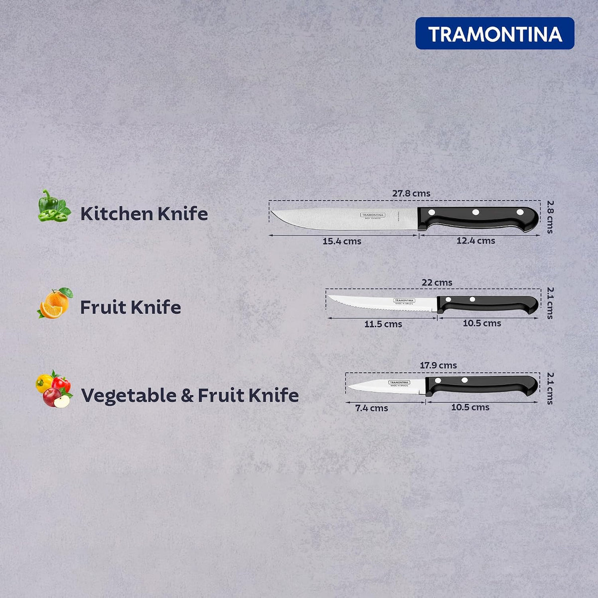 TRAMONTINA Ultracorte Set of 3 Knives | Stainless Steel Knife| Vegetable | Fruit | Kitchen | Antimicrobial | Polypropylene Handle | 5 Year Warranty