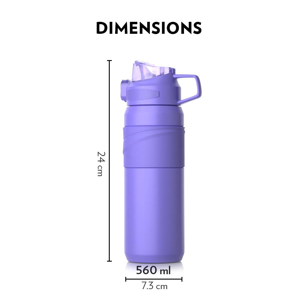 Borosil Hydra Adventure Veri Peri 560 ml Stainless Steel Kids Water Bottle | Double Wall Vacuum Insulated Thermo Flask | 8 hrs Hot & Cold | Leakproof, Sipper | Bottle for Gym, Office, School | Purple