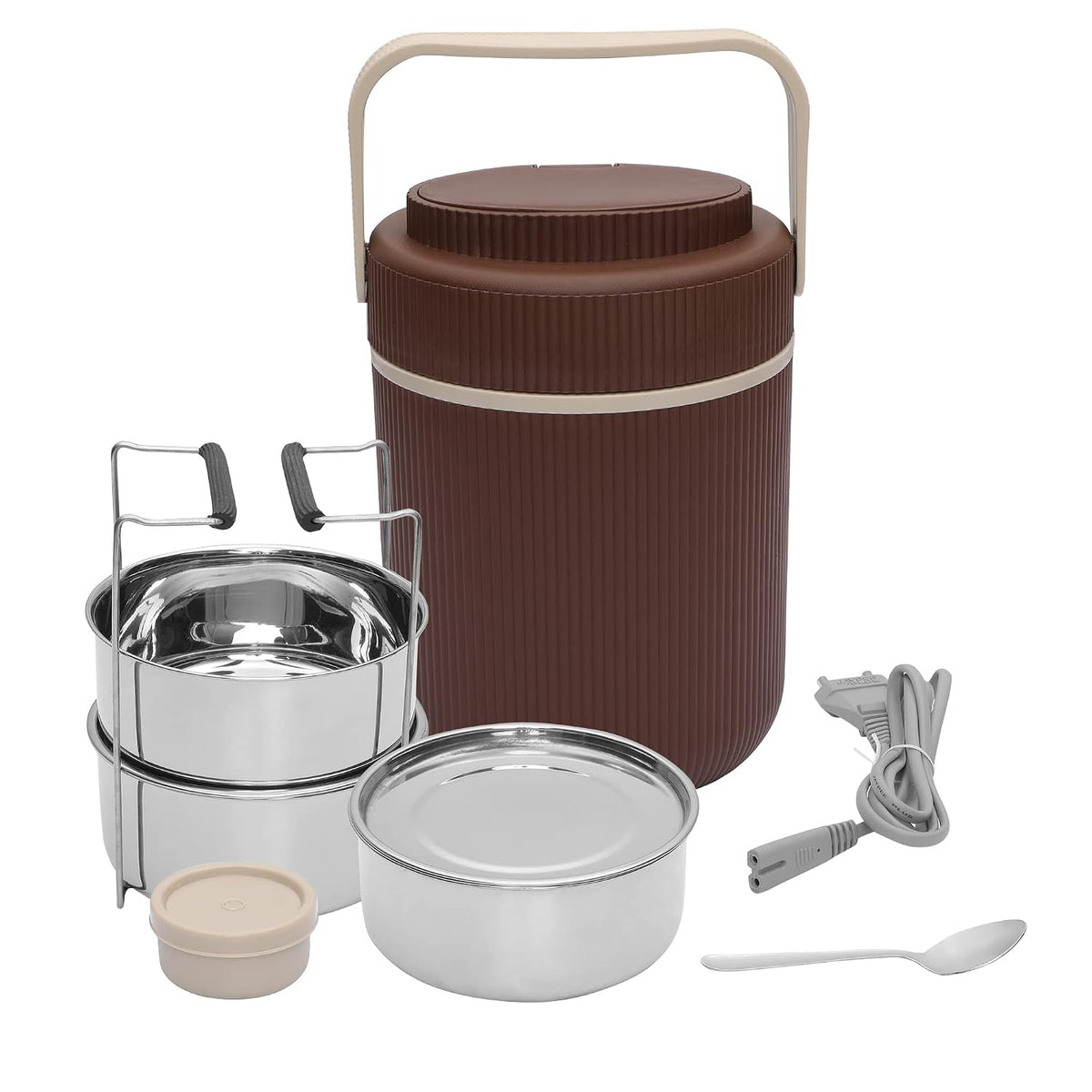 Jaypee Plus Ribbline Electric Lunch Box with 3 Stainless Steel containers 300X3 ml Lunch Box for Office, Travel Easy to Carry Handle Convenience case for Power Cord Food Grade, Brown