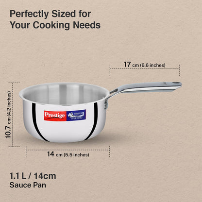 Prestige 14cm/1.1L Tri-Ply Stainless Steel Splendid Sauce Pan with Lid|Gas and Induction Compatible|Even Heat Distribution| Thick Gauge Tri-Ply Body|15 Year Warranty