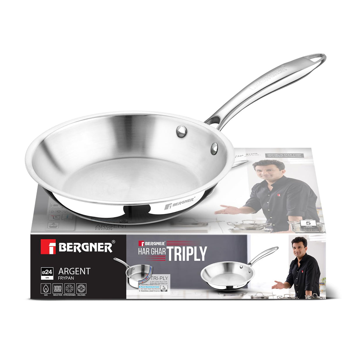 BERGNER Argent TriPly 20 cm Frypan/Steel Pan, Scratch Resistant, for Spice Tempering/Seasoning, Stay Cool Long Handle, Mirror Finish, Induction Ready, 5-Year Warranty by Bergner