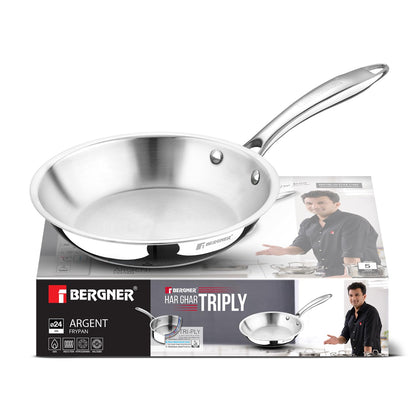 BERGNER Argent TriPly 20 cm Frypan/Steel Pan, Scratch Resistant, for Spice Tempering/Seasoning, Stay Cool Long Handle, Mirror Finish, Induction Ready, 5-Year Warranty by Bergner