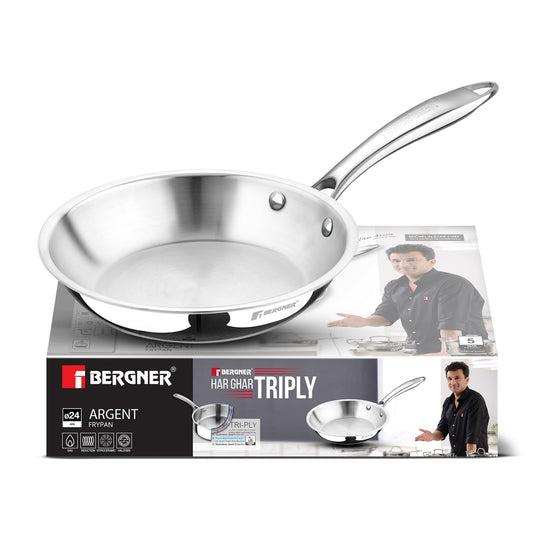 BERGNER Argent TriPly 20 cm Frypan/Steel Pan, Scratch Resistant, for Spice Tempering/Seasoning, Stay Cool Long Handle, Mirror Finish, Induction Ready, 5-Year Warranty by Bergner