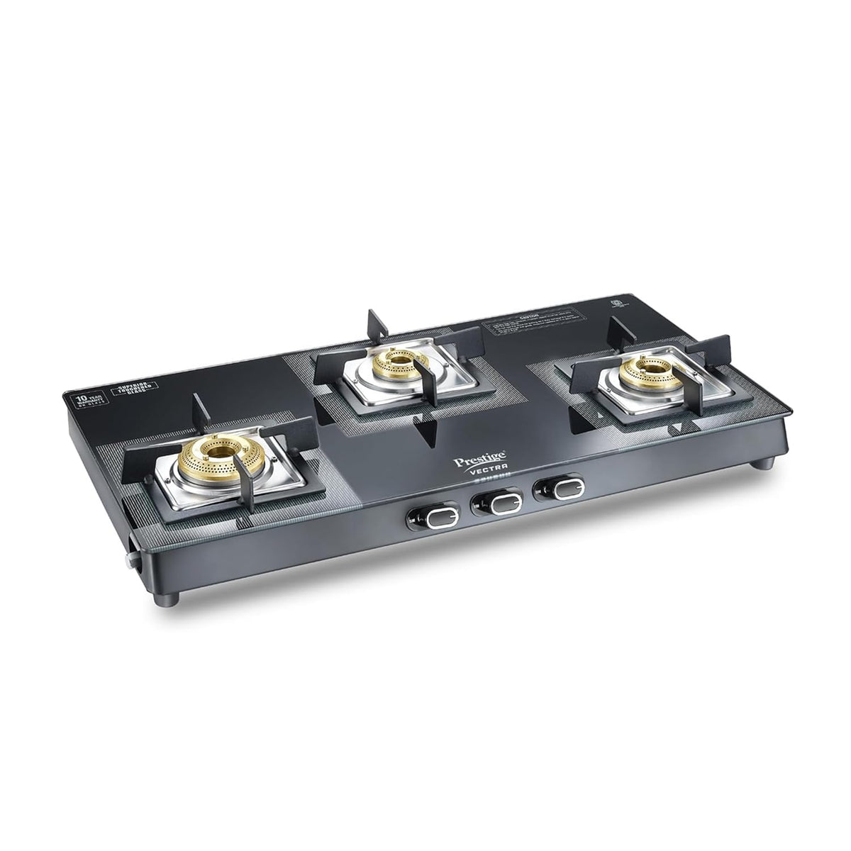 Prestige Vectra 3 Burner Glasstop Gas Stove|Superior Toughened Glass|Jumbo Brass Burner|3-Way Gas Inlet|360 Degree Revolving Nozzle|10 Years Warranty on Glass|Black,open