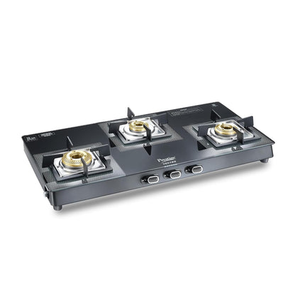 Prestige Vectra 3 Burner Glasstop Gas Stove|Superior Toughened Glass|Jumbo Brass Burner|3-Way Gas Inlet|360 Degree Revolving Nozzle|10 Years Warranty on Glass|Black,open
