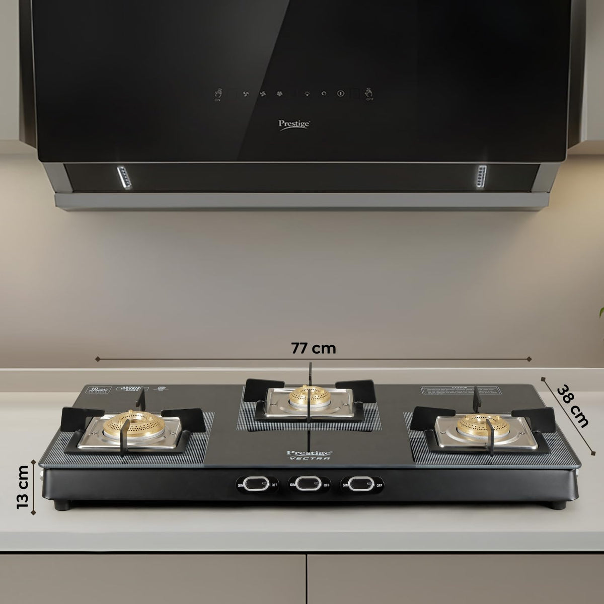 Prestige Vectra 3 Burner Glasstop Gas Stove|Superior Toughened Glass|Jumbo Brass Burner|3-Way Gas Inlet|360 Degree Revolving Nozzle|10 Years Warranty on Glass|Black,open