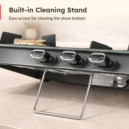 Prestige Vectra 3 Burner Glasstop Gas Stove|Superior Toughened Glass|Jumbo Brass Burner|3-Way Gas Inlet|360 Degree Revolving Nozzle|10 Years Warranty on Glass|Black,open