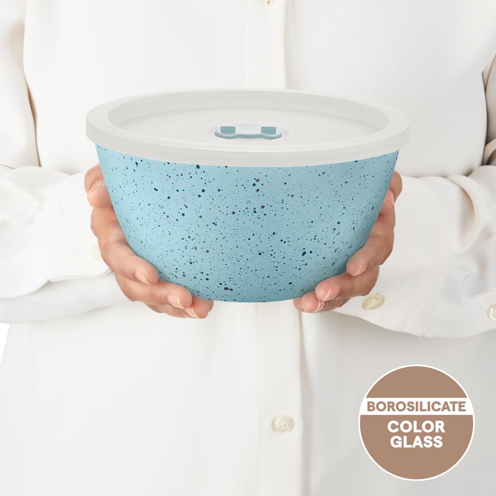 Borosil 1 L Serving & Mixing Bowl with Lid | Made in India Borosilicate Glass Bowl for Kitchen & Dinning | Bowl for Mixing Dough, Salad, Batter | Microwave & Dishwasher Safe (Blue)