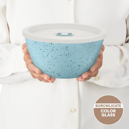 Borosil 1 L Serving & Mixing Bowl with Lid | Made in India Borosilicate Glass Bowl for Kitchen & Dinning | Bowl for Mixing Dough, Salad, Batter | Microwave & Dishwasher Safe (Blue)