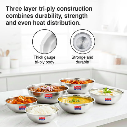 Prestige 6-Piece Tri-Ply Stainless Steel Tasla Kadai Set with Free Pakkad|Gas & Induction Compatible|Even Heat Distribution| Durable Rust-Proof Interior| Space Saving Design