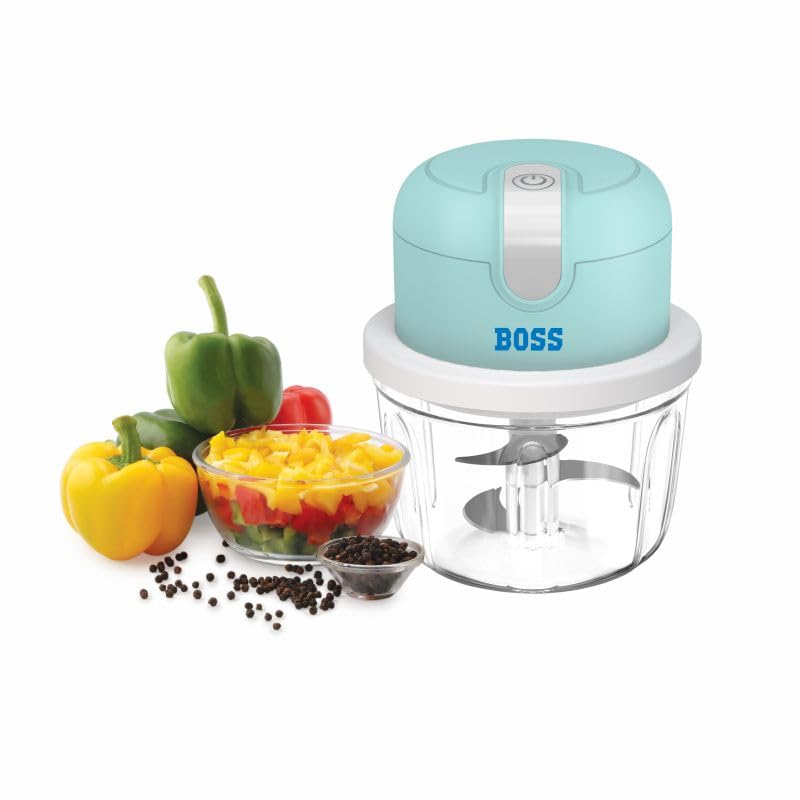 BOSS USB Rechargeable Wireless Electric Chopper with Stainless Steel Blades, One Touch Operation, 10 Seconds Chopping, Mincing Vegetable - 350 ML, 40 Watts, Blue