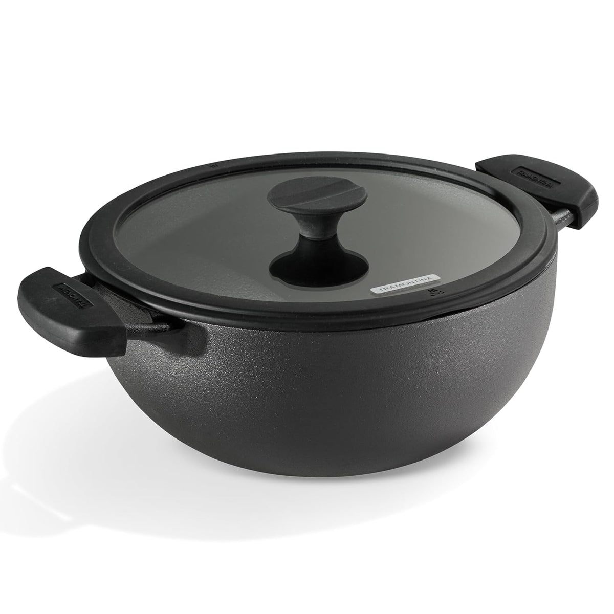 TRAMONTINA TITANEX 30cm / 6.8 L Pre-Seasoned Heritage Cast Iron Deep Kadai with Toughened Glass Lid | Snap-On Silicone Grips | Kadhai for Curry | Gas/Induction Cookware | Life-Time Warranty