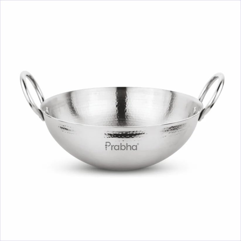 Prabha Magnum Capsule Hammered Stainless Steel Kadhai | 5.8 Litre Medium Size | Perfect for Frying, Curry & Dry Vegetables