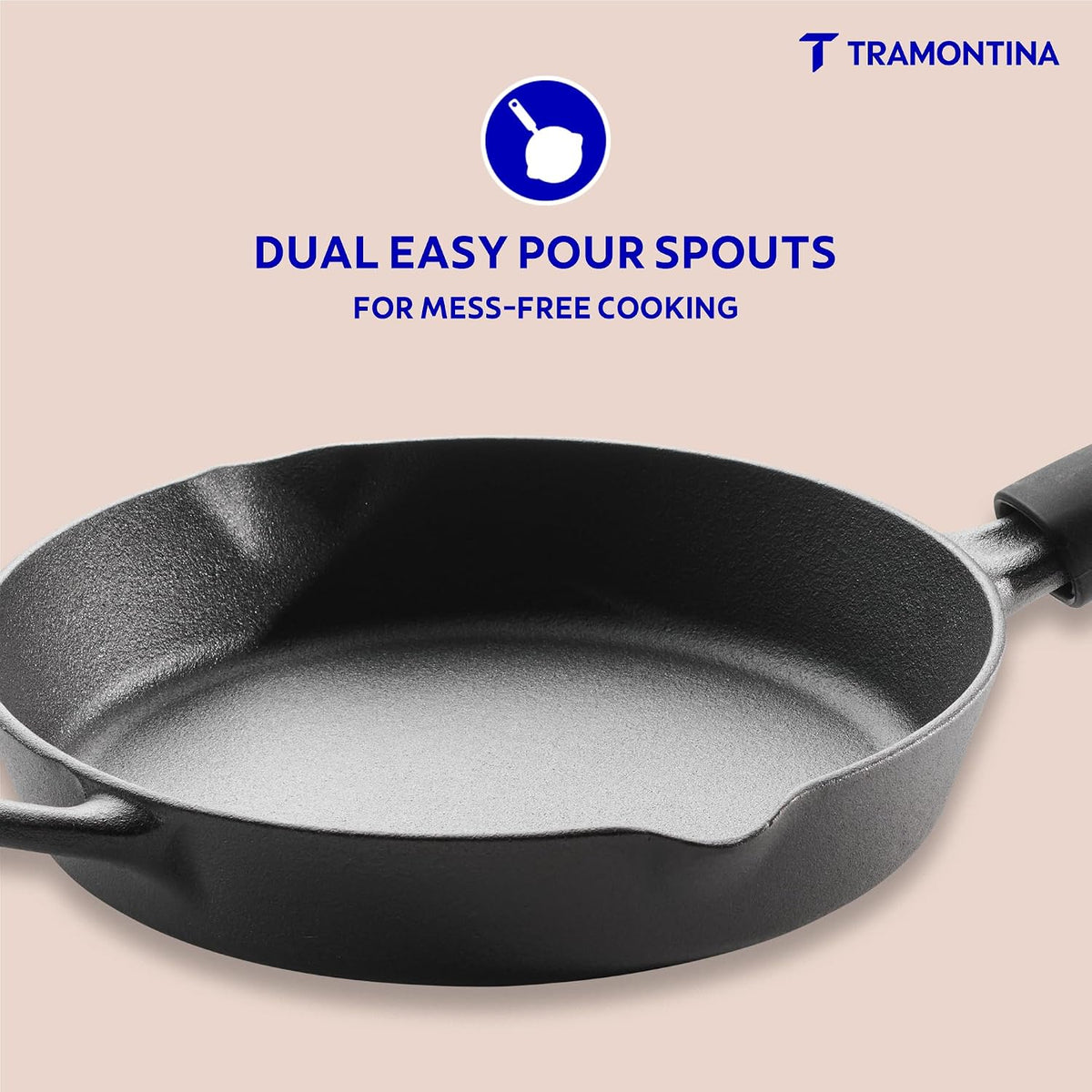 TRAMONTINA Titanex 20cm Cast Iron Fry Pan – Pre-Seasoned Skillet with Pour Spouts | Saute, Stir-Fry, Deep Fry, Sear & Bake | Gas & Induction Compatible | Natural Stone Finish