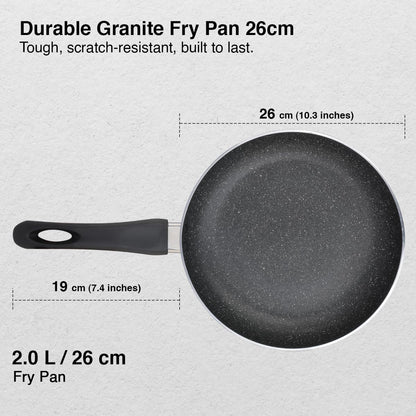 Prestige Non-Stick Omega Deluxe Granite Fry Pan with Lid | 26 Centimetre | Black | Induction Base | 5 Layer Non-Stick Cookware | Dishwasher Compatible