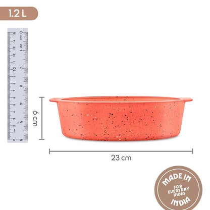 Borosil 1.2 L Kube Pink Baking & Serving Cake Dish with Handle | Borosilicate Glass Round Shape Bakeware and Serveware Casserole Dish Tray | Microwave, Oven & Dishwasher Safe Bowl