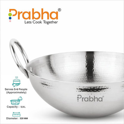 Prabha Magnum Capsule Hammered Stainless Steel Kadhai | 5.8 Litre Medium Size | Perfect for Frying, Curry & Dry Vegetables