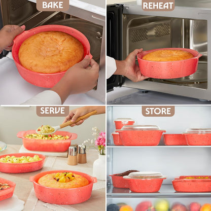 Borosil 1.2 L Kube Pink Baking & Serving Cake Dish with Handle | Borosilicate Glass Round Shape Bakeware and Serveware Casserole Dish Tray | Microwave, Oven & Dishwasher Safe Bowl