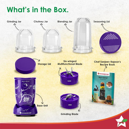 Wonderchef Nutri-blend 500W Mixer Grinder, 22000 RPM Motor, Smoothie Maker, Masala Grinder, Chutney Blender, 3 Unbreakable Jars, Recipe Book by Chef Sanjeev Kapoor, 2 Yr Warranty, Purple