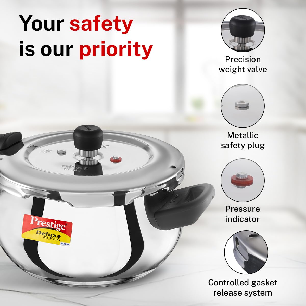 Prestige Svachh, 20268, 4 L, Alpha Junior Handi, With Deep Lid For Spillage Control, Stainless Steel, Silver, Outer Lid