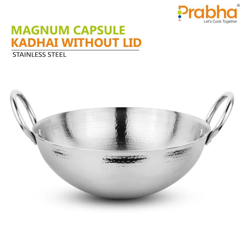 Prabha Magnum Capsule Hammered Stainless Steel Kadhai | 5.8 Litre Medium Size | Perfect for Frying, Curry & Dry Vegetables