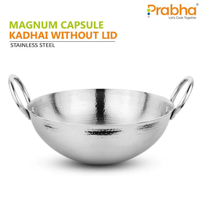 Prabha Magnum Capsule Hammered Stainless Steel Kadhai | 5.8 Litre Medium Size | Perfect for Frying, Curry & Dry Vegetables