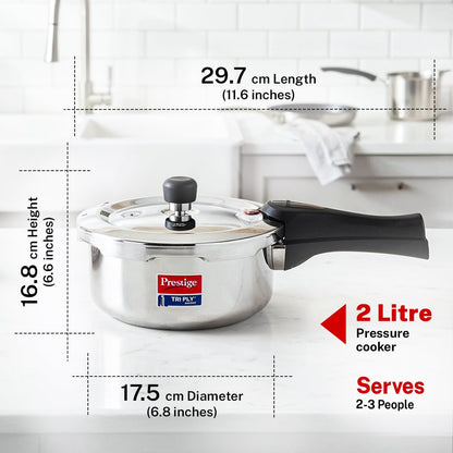 Prestige 2 Litre Triply Svachh Outerlid Pressure Cooker|Deep lid for spillage control|Gas & Induction Compatible|Triply body for even heating|Gasket Release System|5 Years warranty|ISI certified