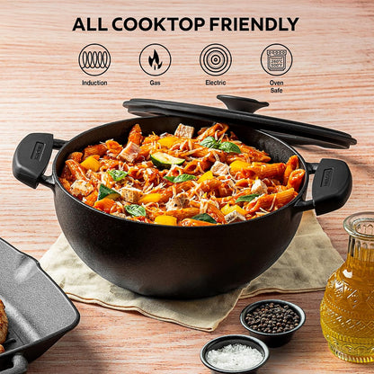 TRAMONTINA TITANEX 30cm / 6.8 L Pre-Seasoned Heritage Cast Iron Deep Kadai with Toughened Glass Lid | Snap-On Silicone Grips | Kadhai for Curry | Gas/Induction Cookware | Life-Time Warranty