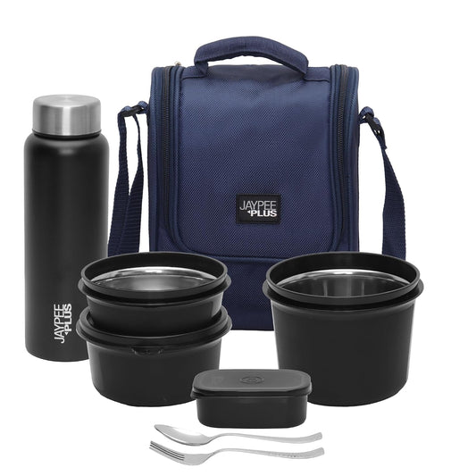 Jaypee Plus Meal Plus 1390 ml Stainless Steel Office Lunch Box | BPA Free, Microwave Safe & Spillproof Airtight 4 Containers | Includes Bottle, Spoon, Fork & Bag | Ideal for College & School (Blue)