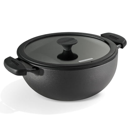 TRAMONTINA TITANEX 20cm/2.3L Pre-Seasoned Heritage Cast Iron Deep Kadai with Toughened Glass Lid | Snap-On Silicone Grips | Kadhai for Curry | Gas/Induction Cookware | Life-Time Warranty