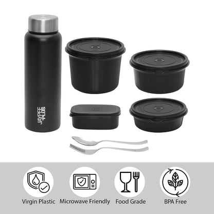 Jaypee Plus Meal Plus 1390 ml Stainless Steel Office Lunch Box | BPA Free, Microwave Safe & Spillproof Airtight 4 Containers | Includes Bottle, Spoon, Fork & Bag | Ideal for College & School (Blue)