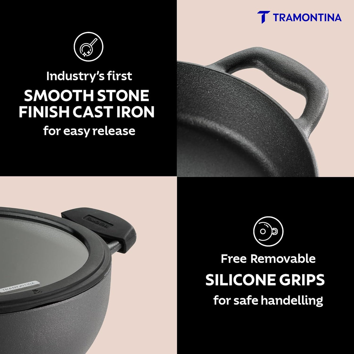 TRAMONTINA TITANEX 20cm/2.3L Pre-Seasoned Heritage Cast Iron Deep Kadai with Toughened Glass Lid | Snap-On Silicone Grips | Kadhai for Curry | Gas/Induction Cookware | Life-Time Warranty