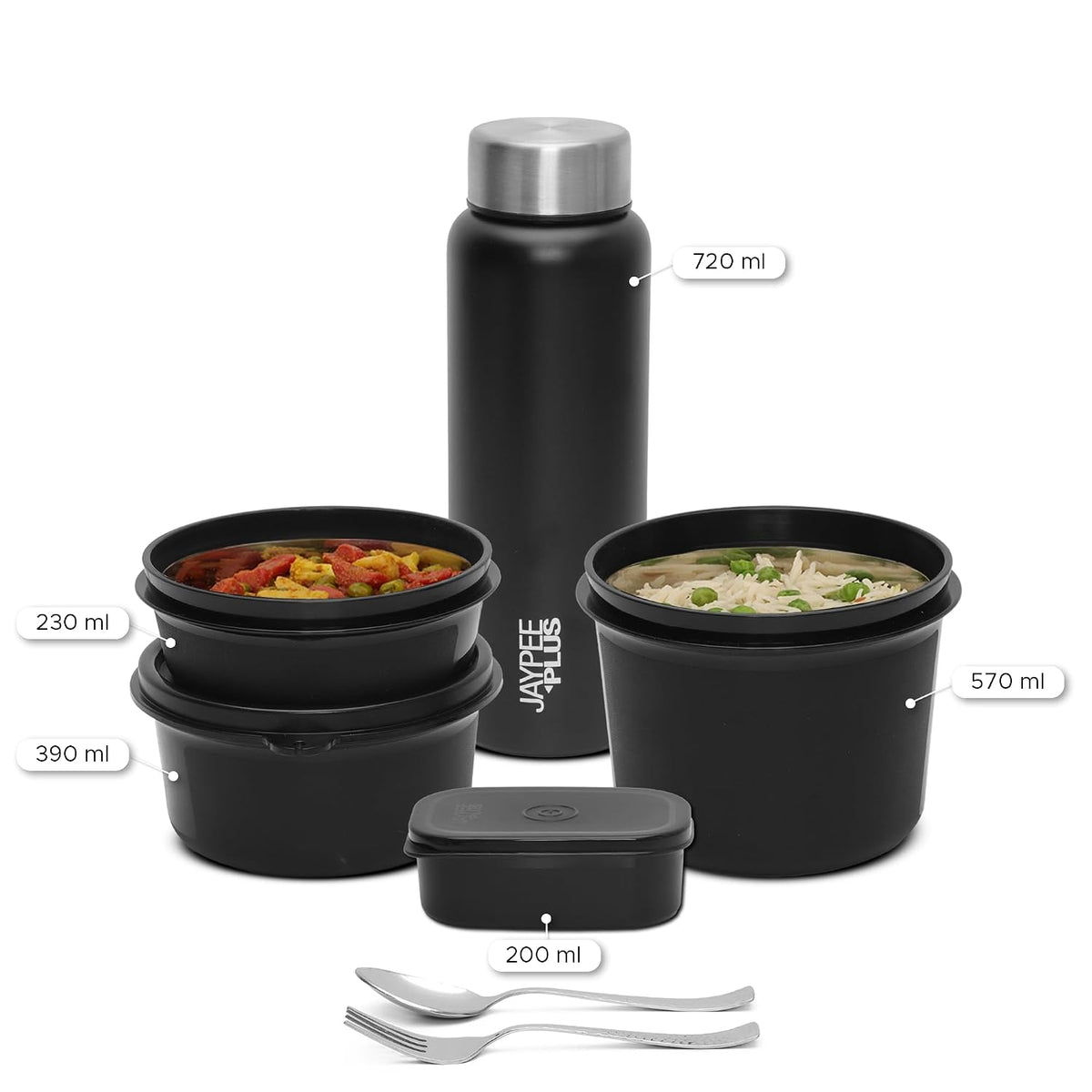 Jaypee Plus Meal Plus 1390 ml Stainless Steel Office Lunch Box | BPA Free, Microwave Safe & Spillproof Airtight 4 Containers | Includes Bottle, Spoon, Fork & Bag | Ideal for College & School (Blue)