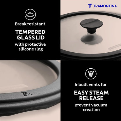 TRAMONTINA TITANEX 20cm/2.3L Pre-Seasoned Heritage Cast Iron Deep Kadai with Toughened Glass Lid | Snap-On Silicone Grips | Kadhai for Curry | Gas/Induction Cookware | Life-Time Warranty