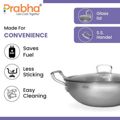 Prabha Elante Triply Kadai With Glass Lid 20cm | Kadhai Induction Base 1.8 litre |Kadai For Cooking Stainless Steel | Kadhai For Deep Frying |Kitchen Cookware Woks Set with Oil Drainer Strainer & Matt