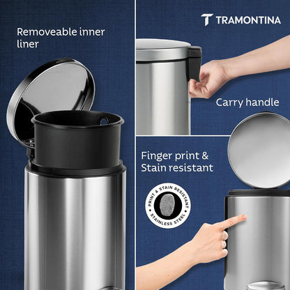 TRAMONTINA 5 Litre Stainless Steel Step Dustbin | Fingerprint-Resistant Finish | Soft-Close Lid | Removable Inner Bucket | Round Trash Can for Home, Office & Hospitality