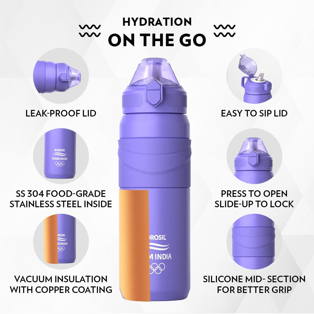 Borosil Hydra Adventure Veri Peri 560 ml Stainless Steel Kids Water Bottle | Double Wall Vacuum Insulated Thermo Flask | 8 hrs Hot & Cold | Leakproof, Sipper | Bottle for Gym, Office, School | Purple
