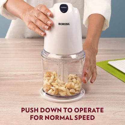 Borosil Chef Delite 260 Watts Electric Chopper for Kitchen, Twin Blade Technology, 500 ml 'chop-n-store' plastic bowl with lid, Vegetable Chopper, Cutter, Chop, Mince, Dice, Whisk, Blend, Transparent