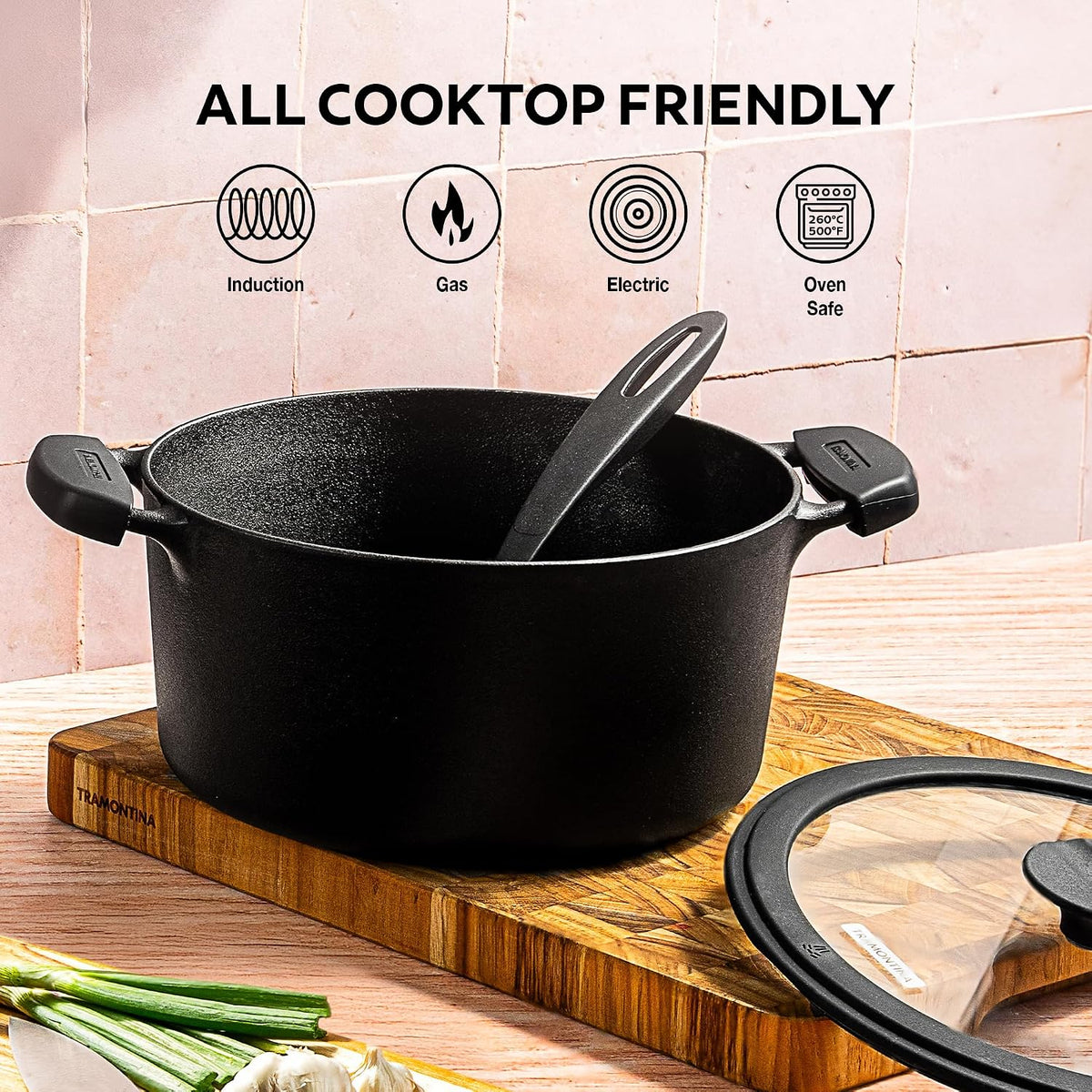 Tramontina TITANEX 24cm/4.9L Pre-Seasoned Heritage Cast Iron Casserole with Toughened Glass Lid | Gas/Induction Compatible Biryani Pot | Stock Pot with Snap-On Silicone Grips | Life-Time Warranty*